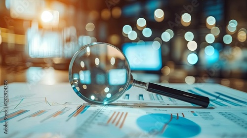 Close-up of a magnifying glass over a printed document with a blurred text background, symbolizing fact-checking and research