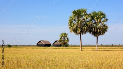 Golden Rice Paddy Field with Two Palm Trees