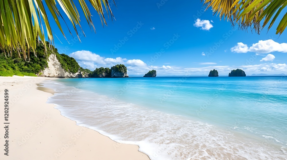 Fototapeta premium Tropical beach paradise with turquoise water and palm trees.