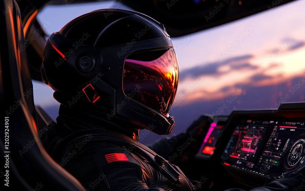 A futuristic astronaut in a cockpit, gazing at a vibrant sunset through a visor. A futuristic astronaut in a cockpit, gazing at a vibrant sunset through a visor.