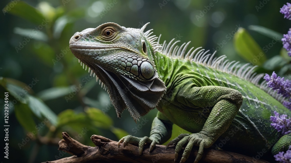 A close-up of a green iguana perched on a branch in a lush environment. A close-up of a green iguana perched on a branch in a lush environment.