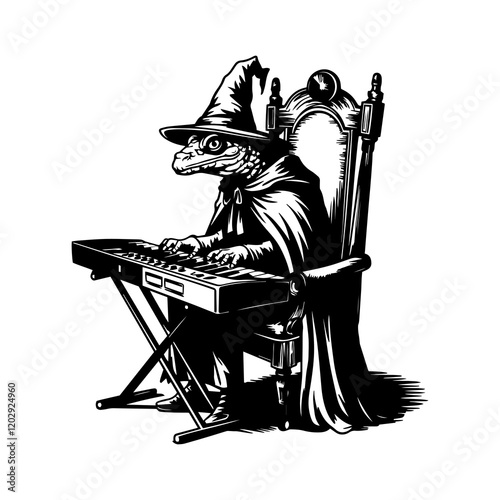 A monochromatic graphic t-shirt design of a vintage, worn-out image of a lizard dressed in a cloak and wizard's hat, playing a keyboard..eps