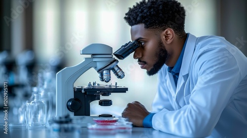 A researcher in a white lab coat examines samples from petri dishes under an advanced microscope, focusing on microorganisms in a well-equipped, sterile lab designed for microbiological research.