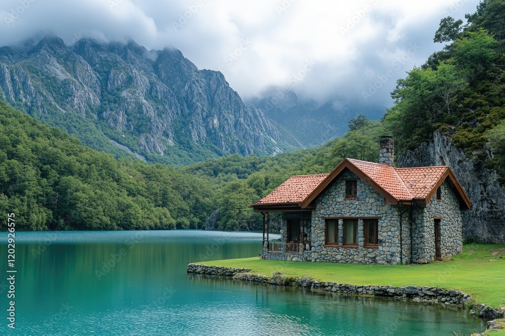 Naklejka premium Stone cottage nestled on a tranquil lake shore with majestic mountain backdrop