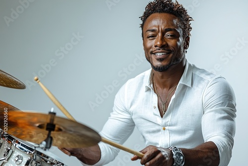 A smiling drummer playing drums, showcasing joy and passion for music.