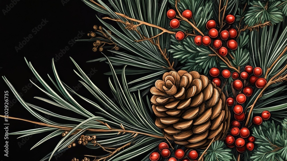 Fototapeta premium A festive arrangement featuring green pine branches,