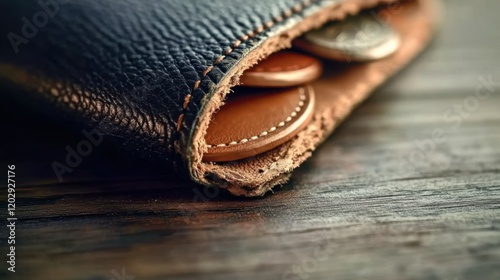 Worn-out wallet on wooden table, symbolizing financial hardship and economic challenges in everyday life.