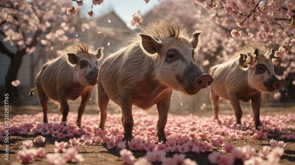 Fototapeta premium Three pigs amidst pink cherry blossom flowers in a serene landscape.