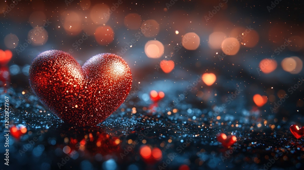 Glittering red heart on dark, sparkling background with bokeh Glittering red heart on dark, sparkling background with bokeh