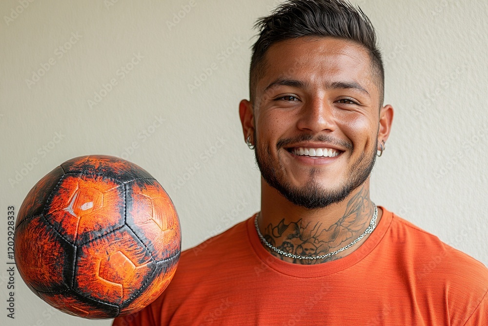 A smiling individual holds a vibrant soccer ball, showcasing enthusiasm for the sport. A smiling individual holds a vibrant soccer ball, showcasing enthusiasm for the sport.