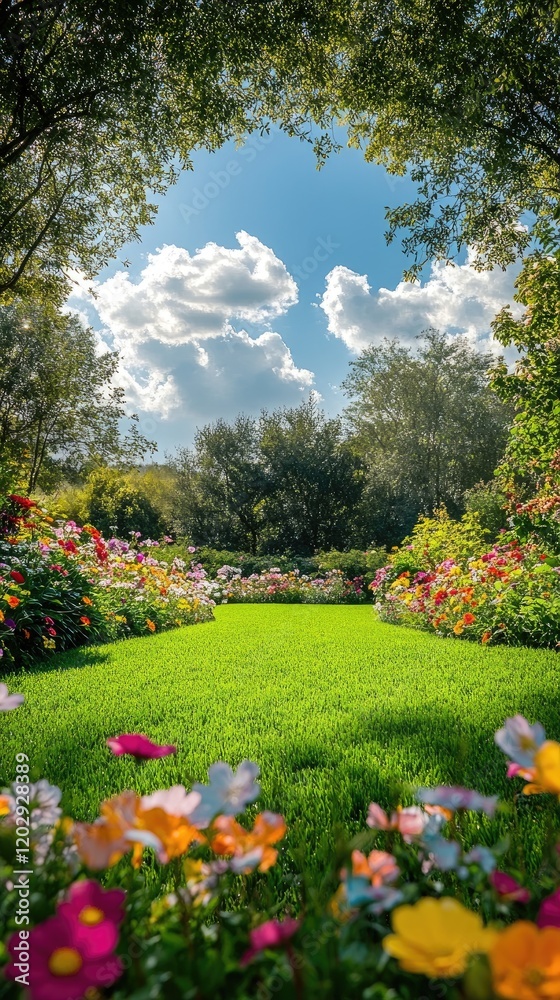 Fototapeta premium Blooming garden with lush green grass and vibrant flowers under a cloudy sky