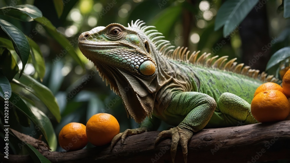 Fototapeta premium A green iguana poses on a branch surrounded by oranges in a lush environment.