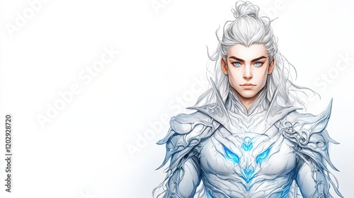 A majestic character with long white hair and ornate silver armor featuring blue accents stands confidently against a plain background.