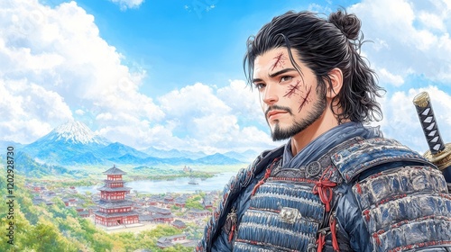 A samurai stands against a vibrant landscape, embodying strength and honor, with mountains and a castle in the background.