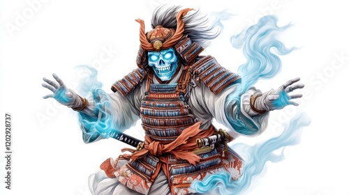 A spectral samurai with a glowing blue skull, dressed in traditional armor, surrounded by ethereal wisps, evokes themes of the supernatural and warrior spirit.