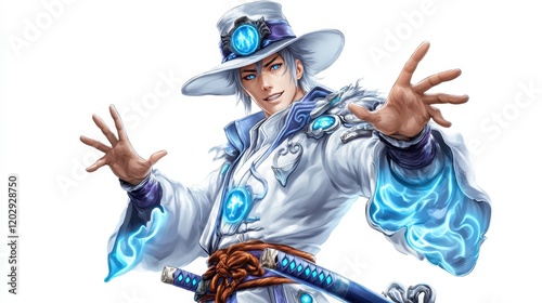 A mystical warrior dressed in white, showcasing magical powers with a sword in hand, exuding a cool, ethereal vibe.