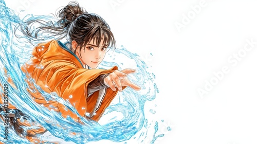 A dynamic illustration of a person in an orange cloak, wielding water with energy and grace against a white background.