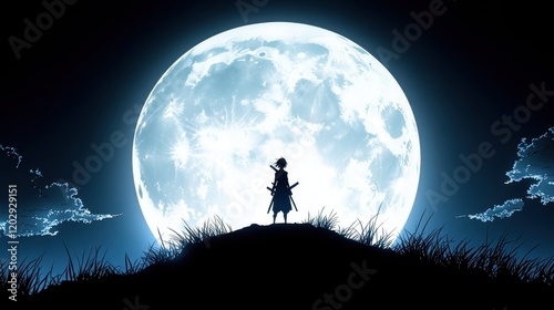 A silhouetted figure stands atop a hill against a large moon, creating a dramatic and mystical atmosphere under a night sky.