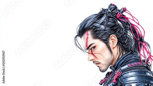 A stylized portrait of a warrior with long hair, intricate details, and striking features, showcasing a blend of traditional and modern aesthetics.