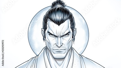 A fierce, detailed illustration of a samurai warrior with a top knot, exuding intensity and strength against a minimalist background.