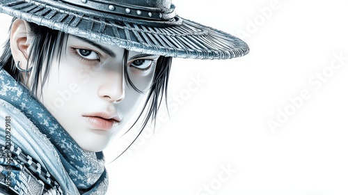 A striking portrait of a young man in a hat, exuding a mysterious and intense aura, set against a stark, light background.