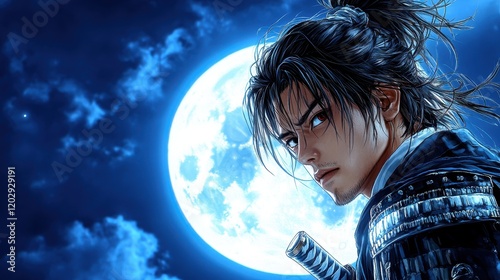A warrior stands against a luminous moon, embodying strength and determination, with a dramatic backdrop of clouds and night sky.