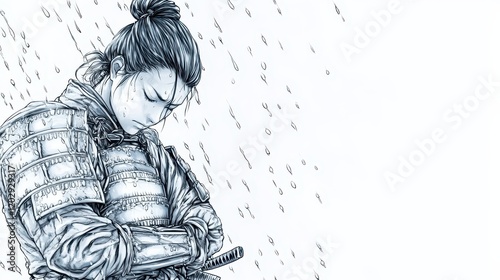 A samurai stands in the rain, reflecting solemnly, showcasing strength and emotion in a detailed, artistic illustration.