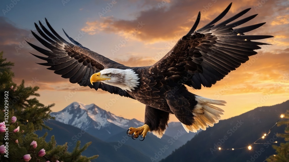 Obraz premium A majestic eagle soaring over mountains at sunset, showcasing nature's beauty.