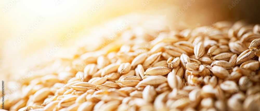 Fototapeta premium A close-up view of golden grains, showcasing their texture and color, illuminated softly by warm light.