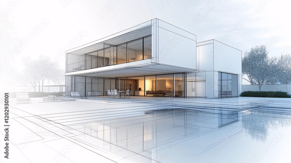 Fototapeta premium Modern House Architectural Drawing with Swimming Pool