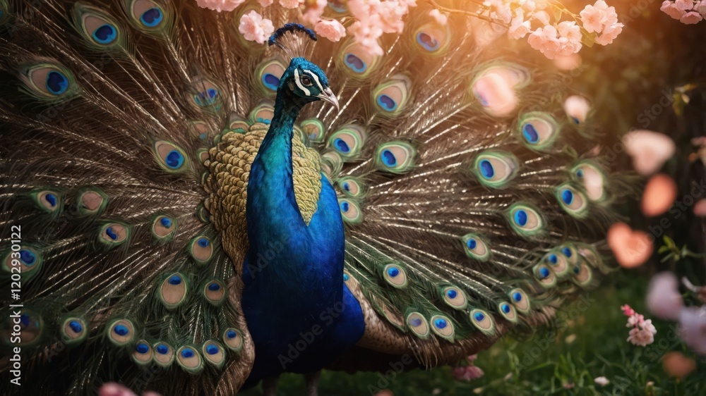 Obraz premium A vibrant peacock displaying its feathers amidst blooming flowers in a serene garden setting.