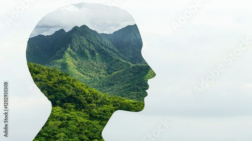 A silhouette of a human head filled with lush green mountains, symbolizing the connection between nature and the mind.