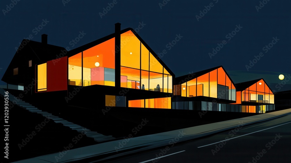 Obraz premium Modern houses illuminated at night with vibrant colors against a dark sky and moonlit background
