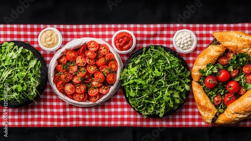 A vibrant spread of fresh greens, cherry tomatoes, and dips, beautifully arranged on a checkered tablecloth.