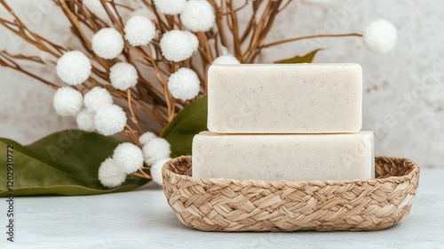 A serene arrangement featuring two white soaps in a woven basket, complemented by decorative natural elements for a calming aesthetic.
