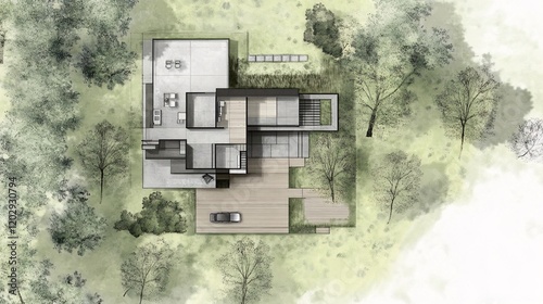 Top View Architectural Illustration of Modern Home with Surrounding Trees