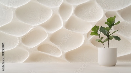 A minimalist interior featuring a textured white wall and a small green plant in a simple pot, creating a serene atmosphere.