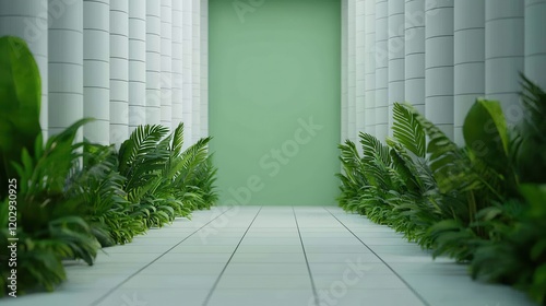 A serene corridor lined with lush greenery, leading to a soft green wall, creating a calm and inviting atmosphere.