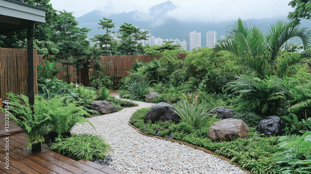 Obraz premium Discover serenity in Hong Kongâ€™s Garden of Stones, featuring artistic rock arrangements set against a backdrop of rich greenery and scenic paths.