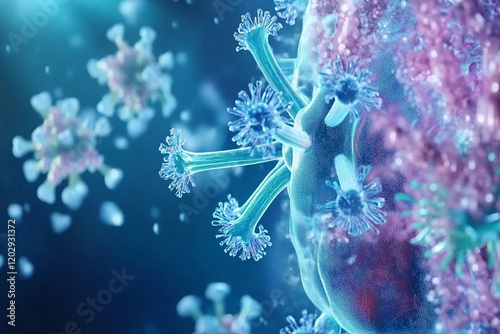 Viruses enter the human respiratory system. The human lungs are attacked by a viral infection.
