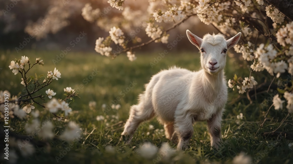 Fototapeta premium A playful goat stands among blooming flowers in a sunlit meadow.