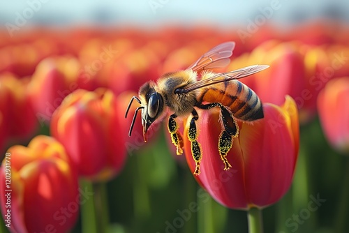 Bee pollinating red tulips, pollen visible.