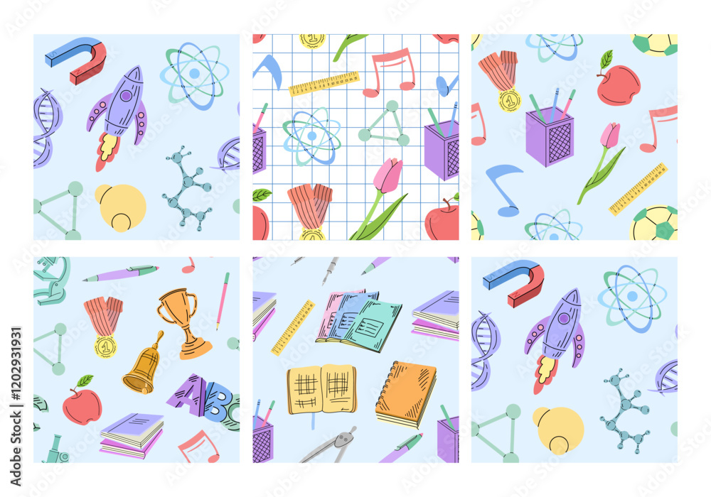 Seamless pattern collection with school and science elements on blue background Seamless pattern collection with school and science elements on blue background