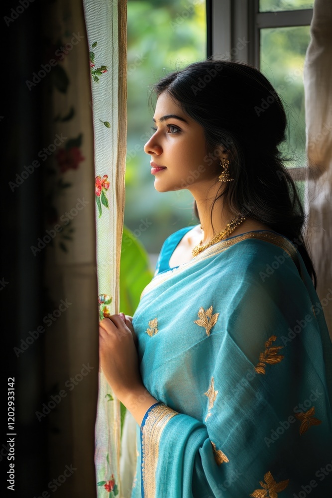 Woman in blue sari at window Woman in blue sari at window