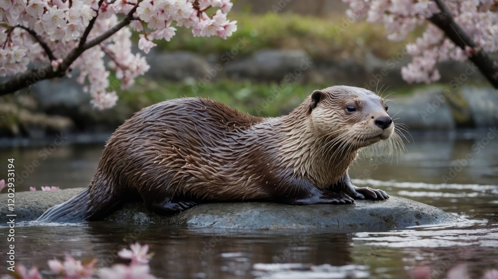 A serene otter resting on a rock amidst cherry blossoms by a calm waterbody. A serene otter resting on a rock amidst cherry blossoms by a calm waterbody.