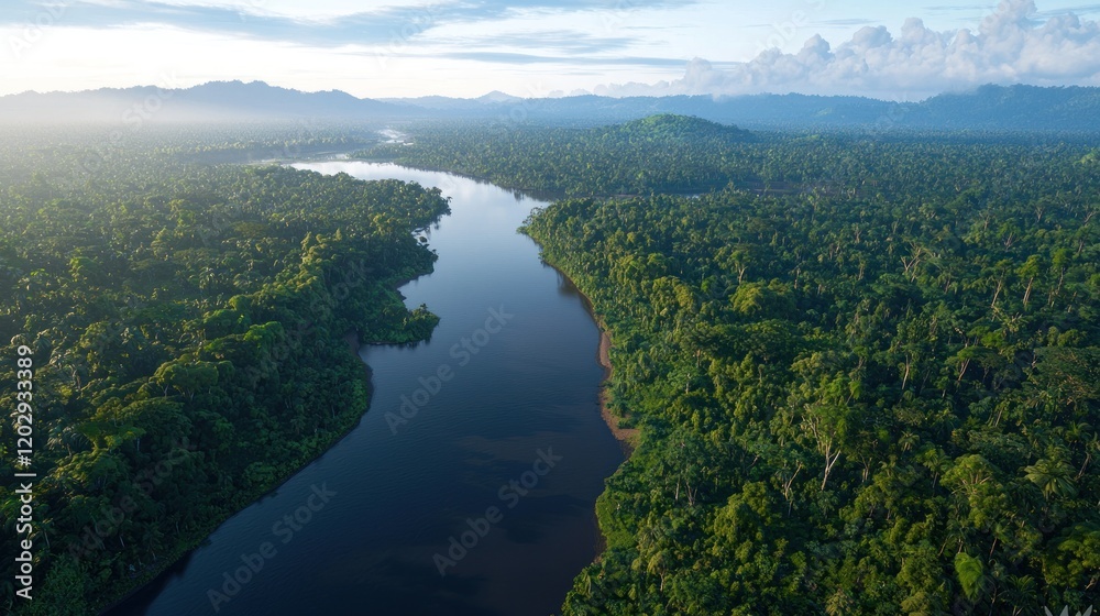 Aerial view of lush jungle river Aerial view of lush jungle river