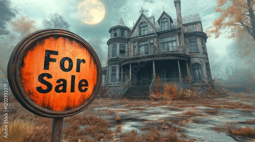Haunted Victorian house for sale, autumnal landscape, moonlit night, real estate