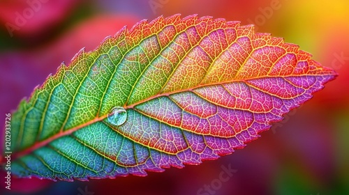 A close-up of a single water drop on a leaf, showcasing the fine details of the leafâ€™s veins and the way light reflects off the dropâ€™s surface. photo