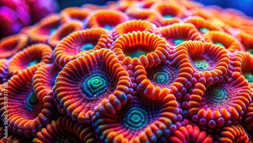 Close-up of coral slime with vibrant colors and patterns, aquatic creature, underwater sliminess, colorful slime, coral appearance, jellyfish-like photo