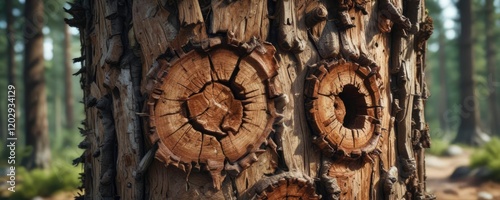 Close-up of a tree trunk riddled with bark beetle tunnels, signs of a dying forest,  tree,  wood photo